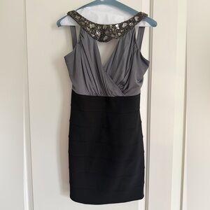 Sleeveless Grey and Black Beaded Collar Mini Dress